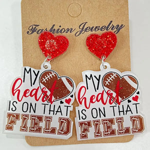 Game Day Acrylic Football Dangles with red glitter heart tops and football heart detail.