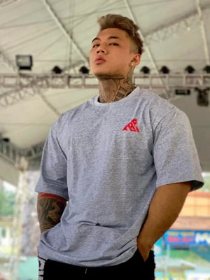Gray oversized t-shirt with red graphic detail on chest and red band on sleeve.