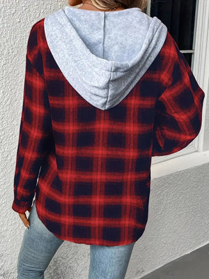 Plaid shirt jacket with contrast grey hood, red and navy plaid pattern, long sleeves.