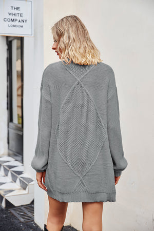 Light Gray cable knit cardigan with diamond pattern detail on back, acrylic.