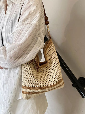 Crochet Knit Shoulder Bag in Beige, model styling view
