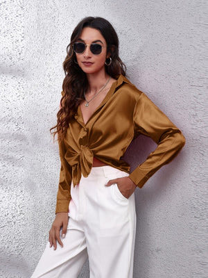 Camel satin collared button-down shirt with knot detail