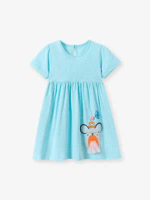 Mint blue polka dot toddler dress with cartoon dog applique and short sleeves.