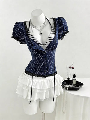 Polka Dot Lace Trim Puff Sleeve Top, editorial view