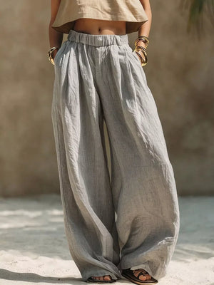 Full Size Elastic Waistband Wide Leg Pants in Beige, model styling view