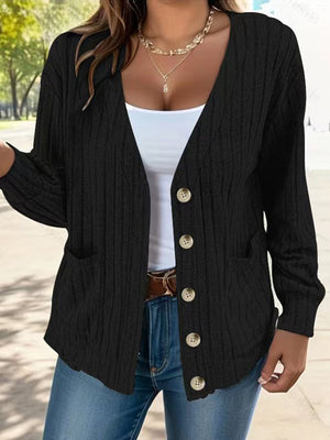 Black ribbed knit button-down cardigan with pockets and a V-neck.