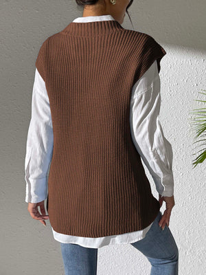 Coffee brown ribbed knit vest with mock neck, styled over a white shirt.