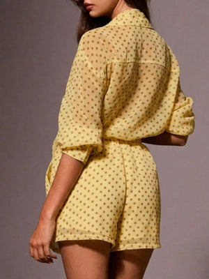 Yellow polka dot sheer two-piece set with collared shirt and shorts