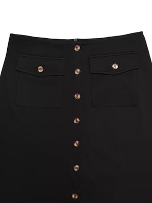 Black midi skirt with button front and dual chest pockets.