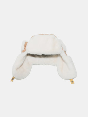 Shearling aviator trapper hat in ivory with faux fur lining and ear flaps.