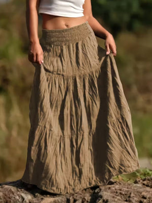Khaki tiered maxi skirt with smocked waist and flowing bohemian style