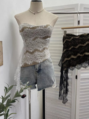Lace Tube Top With Asymmetrical Hem in Black, model styling view