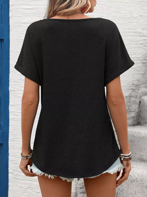 Black relaxed fit t-shirt with cuffed short sleeves and lace trim detail.
