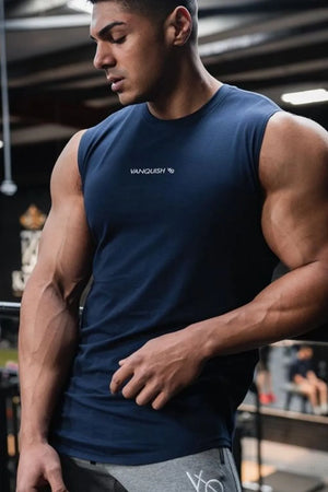 Navy performance tank top with subtle logo detail on chest