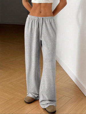 Gray casual wide-leg maternity pants with drawstring waist and flared ankle.