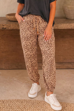 Leopard Print Drawstring Waist Pants in Camel, front view