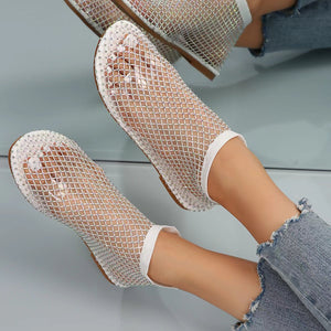 White mesh sandals with rhinestone details and round toe