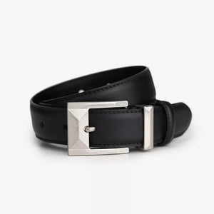 Black leather belt with geometric silver buckle