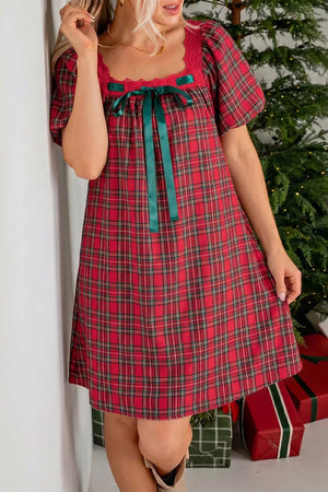 Plaid Square Collar Lace Trim Mini Dress in Deep Red, front view