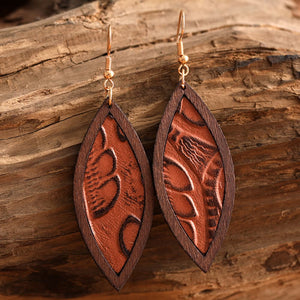 Tooled leather and wood drop earrings with leaf pattern, Style D