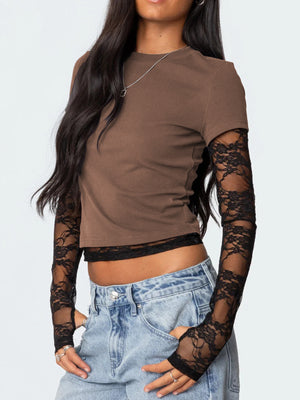 Brown crew neck t-shirt with black lace sleeves and trim, cropped length
