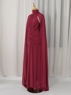 Ruched Halter Neck Cape Maxi Dress in Red, model styling view