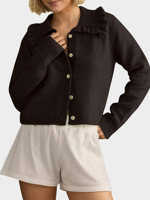 Black frilled collar knit cardigan with button front.