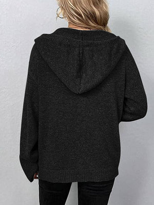Black ribbed knit hooded cardigan with button detail