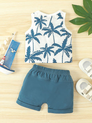 Baby set with white palm print tank top and blue drawstring shorts