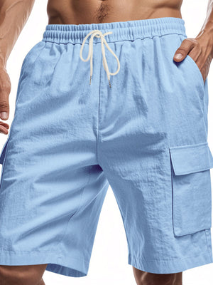 Men's light blue casual cargo shorts with drawstring and side pockets.