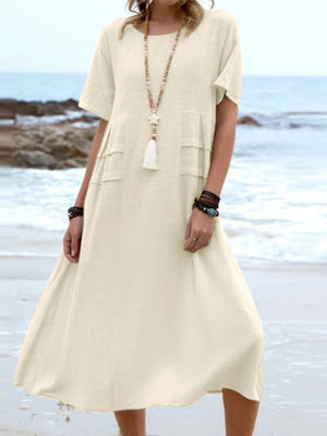 Full Size Casual Linen Blend Midi Dress in Royal Blue, close-up detail