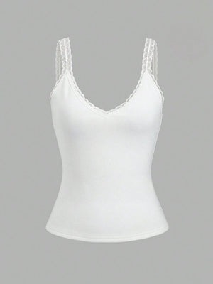 White ribbed cami with lace trim V-neck and straps