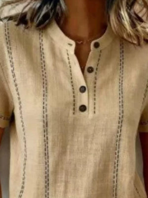 Button Detail Short Sleeve Blouse Plus Size in Gray, fit detail