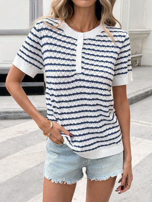 Chic striped knit top with button placket and short sleeves.
