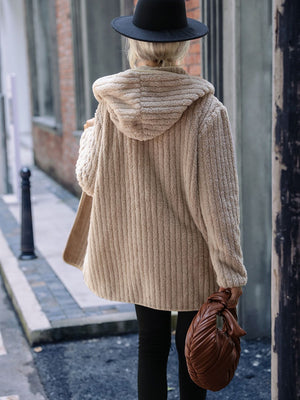 Sand textured teddy hooded open coat with vertical ribbing detail.