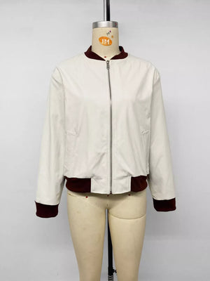 Contrast Trim Zip Up Jacket in White, fabric detail