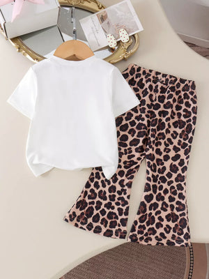 Children's Cherry Leopard Tee And Flare Pants Set in White, back view