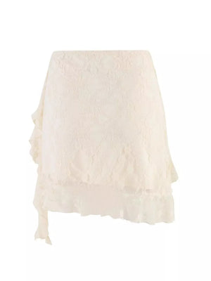 Cream lace mini skirt with asymmetrical ruffled hem and delicate details.