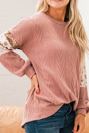 Pale blush textured chevron sweater with leopard print and sequin detail sleeves