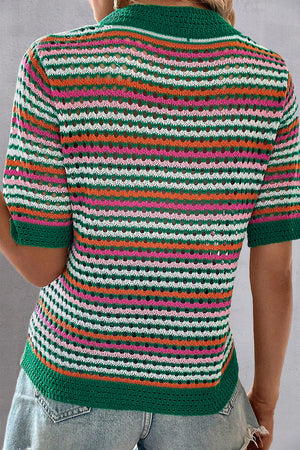 Open-knit striped mock neck top with green trim and short sleeves.