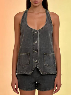 Gray denim button-down halter vest with two front pockets and a V-neck.
