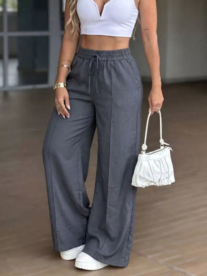 High-waisted Wide-leg Drawstring Pants in Dark Gray, front view