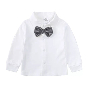 Baby white long sleeve shirt with gray striped bow tie and button front