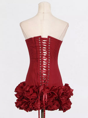 Ruffled Hem Tube Mini Dress in Red, back view