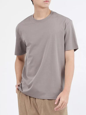 Men's light gray crew neck t-shirt, short sleeves, cotton, breathable.
