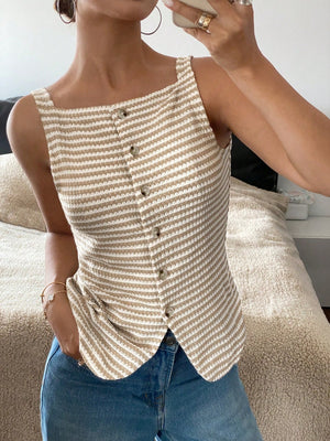 Textured stripe button-down tank top in tan with square neckline and button front.
