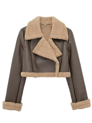 Brown cropped aviator jacket with shearling trim and collar.
