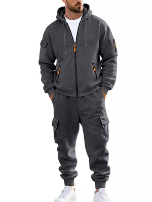 Men's Plus Size Casual Zip-up Hoodie And Cargo Pants Set in Dark Gray, editorial view