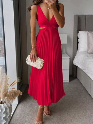 Elegant Pleated Midi Dress With Cut-outs in Red, alternate angle