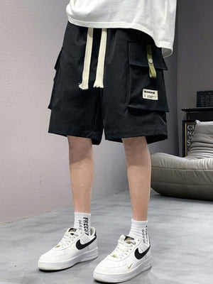 Men's black lightweight cargo shorts with drawstring and multiple pockets.